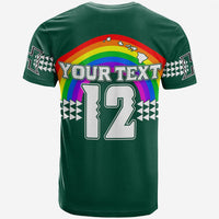 Back of green custom T-shirt with 'YOUR TEXT' and number '12' over rainbow