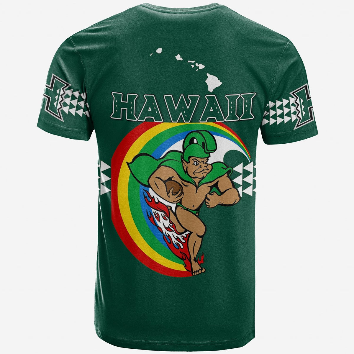 Green T-shirt back print: HAWAII text, rainbow ring, surfer figure