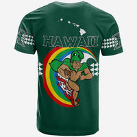 Green T-shirt back print: HAWAII text, rainbow ring, surfer figure