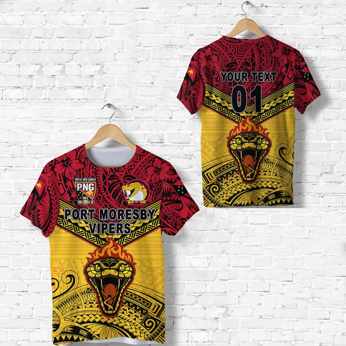 Red Port Moresby Vipers rugby T-shirt with custom text, number 01 (front & back)