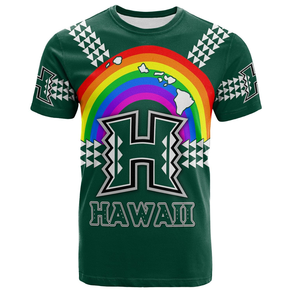 Green custom T-shirt with rainbow graphic, island figure, and 'HAWAII' text