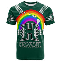 Green custom T-shirt with rainbow graphic, island figure, and 'HAWAII' text