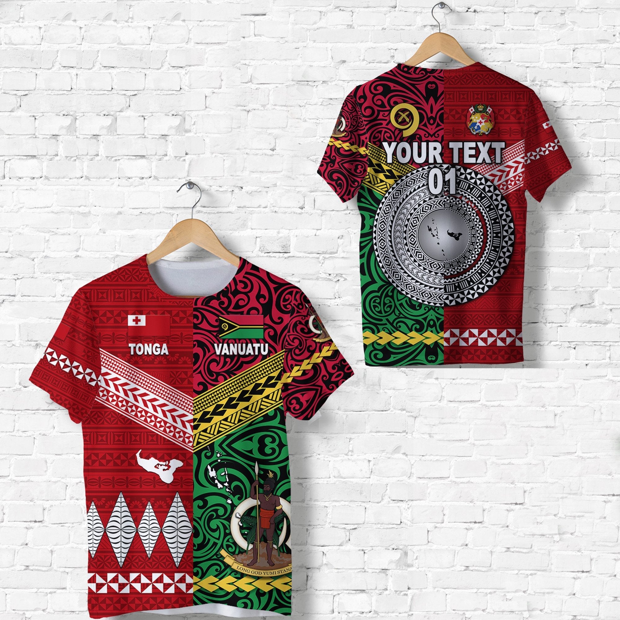 Custom Vanuatu And Tonga T Shirt Polynesian Together Bright Red, Custom Text And Number LT8 - Wonder Print Shop