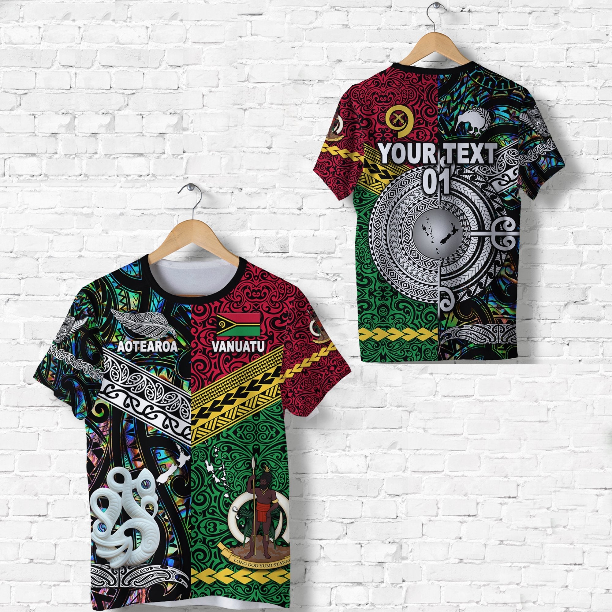 Custom Vanuatu And New Zealand T Shirt Together Paua Shell, Custom Text And Number LT8 - Wonder Print Shop