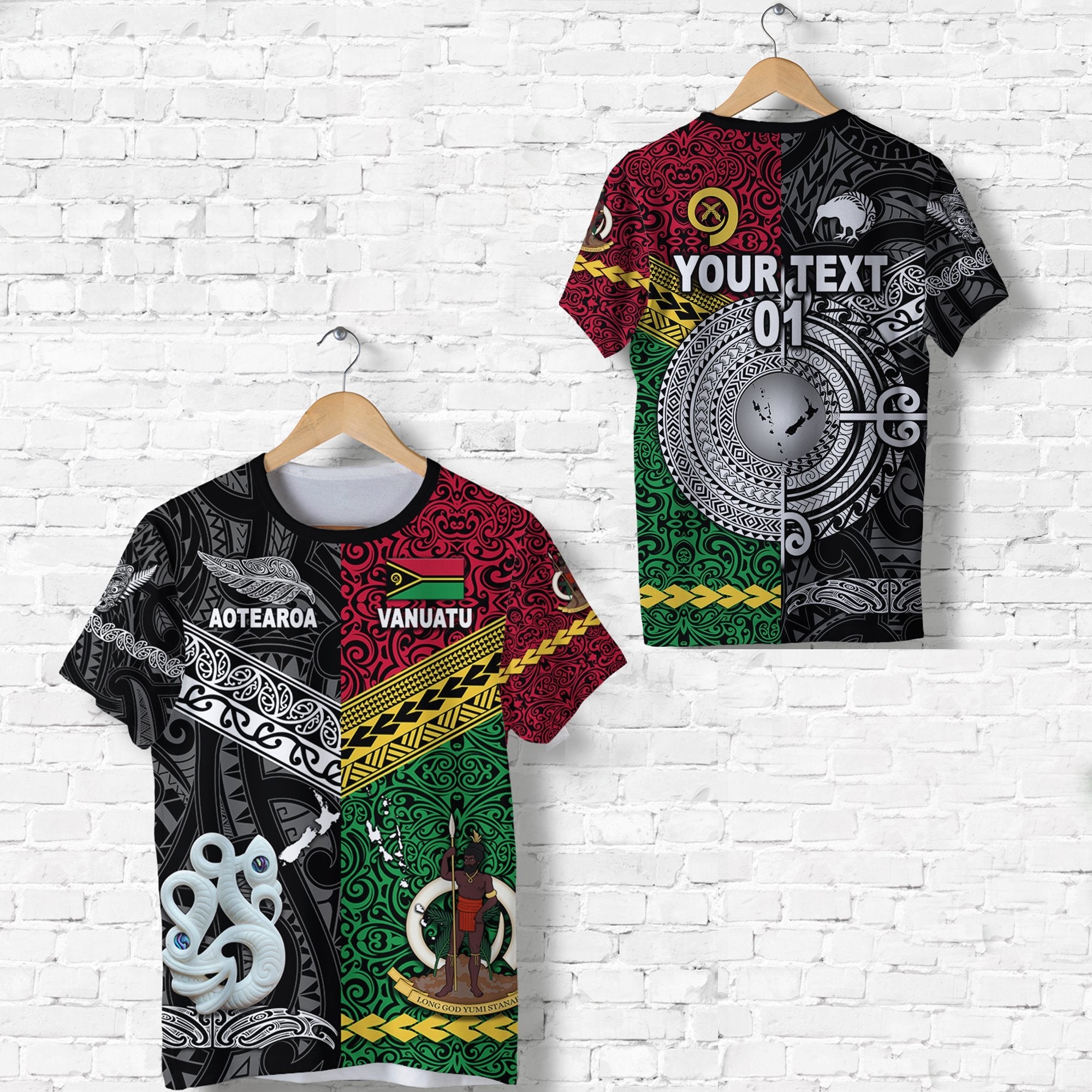 Custom Vanuatu And New Zealand T Shirt Together Black, Custom Text And Number LT8 - Wonder Print Shop