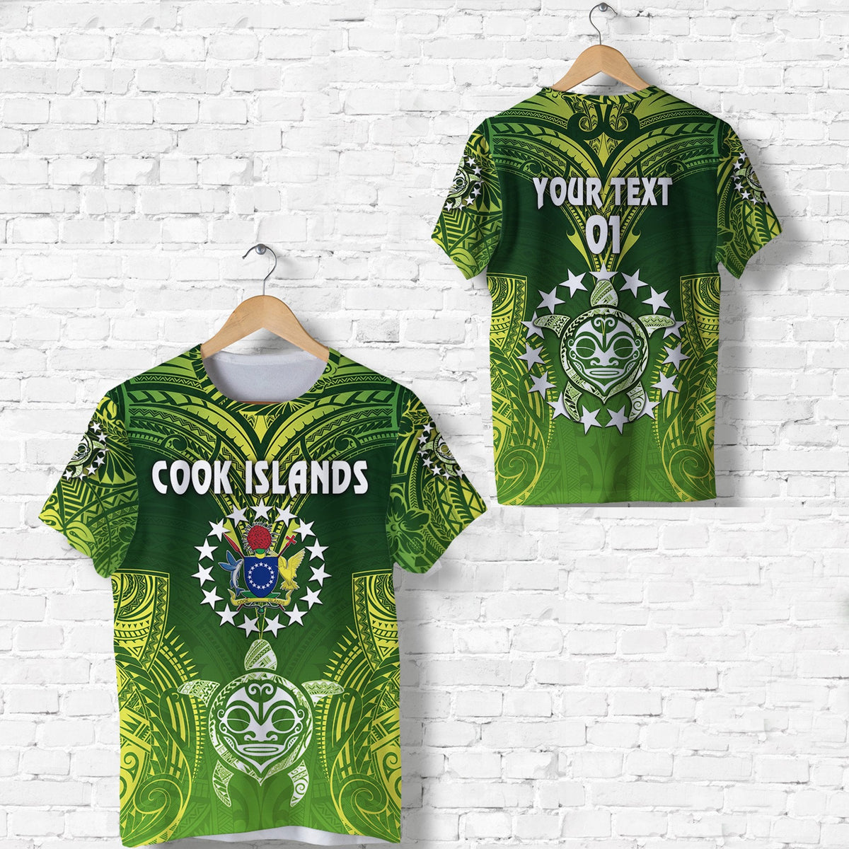 Green T-shirt set: front 'COOK ISLANDS' and back 'YOUR TEXT 01'