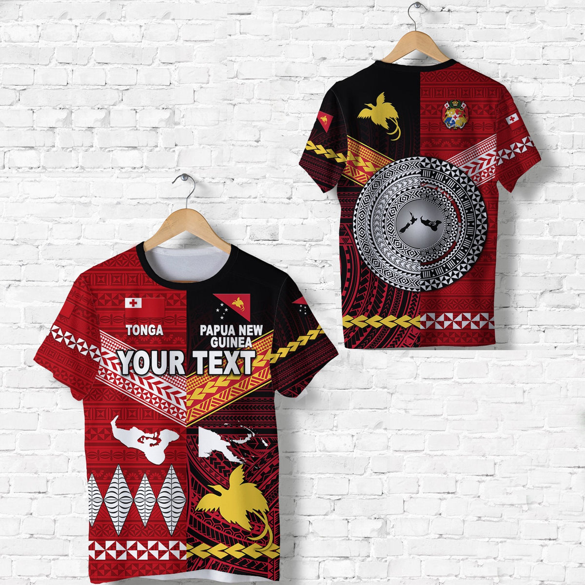 Red T-shirt with black side, “YOUR TEXT” print; Tonga & Papua New Guinea motifs