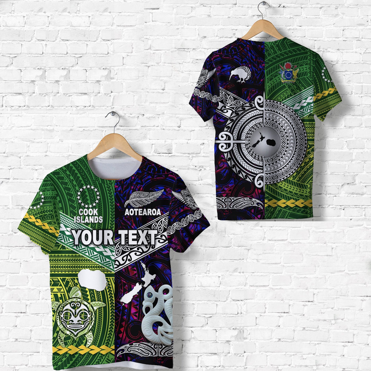 Custom T-shirt in purple and green with 'YOUR TEXT' front print