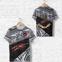 Black rugby T-shirt with geometric white print and red crab; front/back on hangers