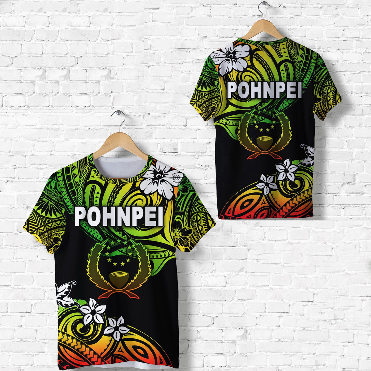 Reggae Pohnpei T-shirt, black with green lion graphic and POHNPEI text (front view)