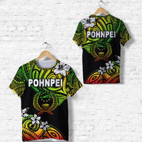 Reggae Pohnpei T-shirt, black with green lion graphic and POHNPEI text (front view)