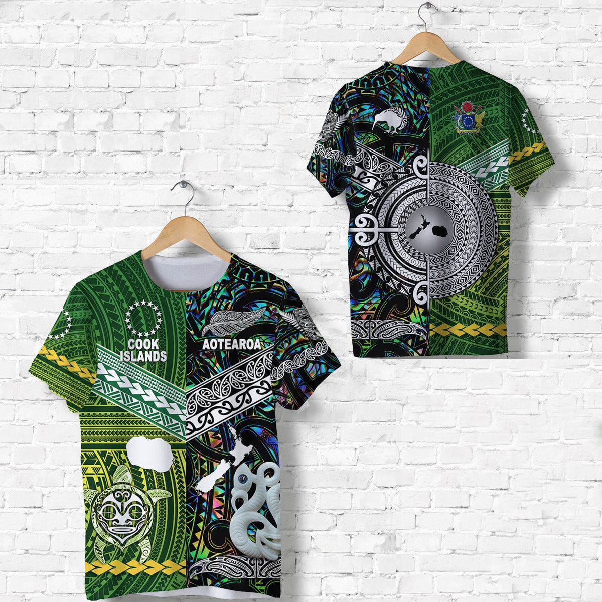 Green T-shirt with Cook Islands and Aotearoa graphic, tribal patterns and paua shell