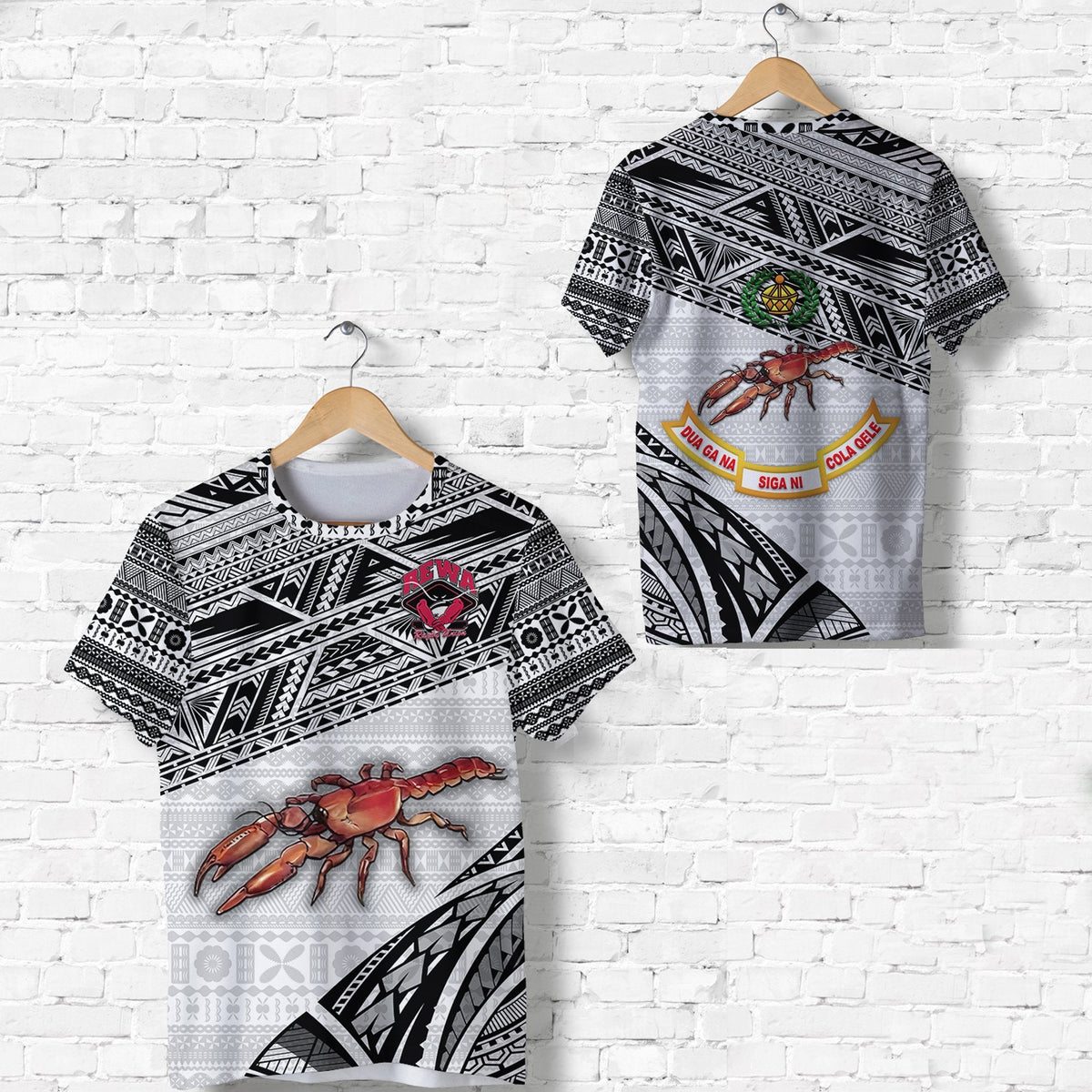 White rugby T-shirt with black geometric pattern, crab graphic and green emblem