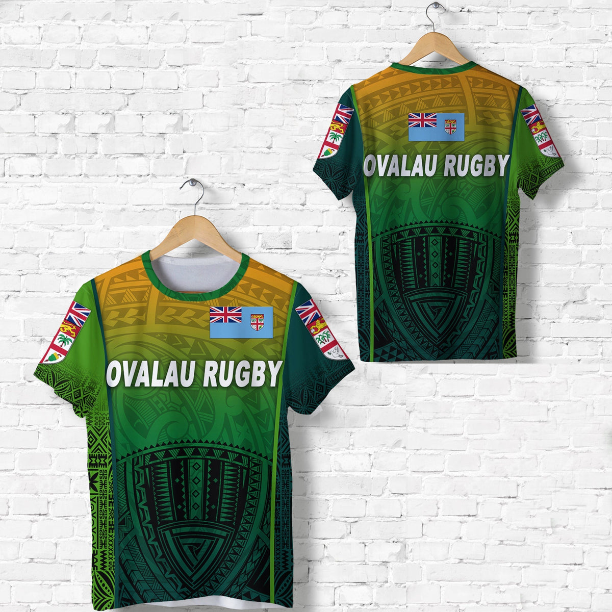 Light green Ovalau Rugby rugby T-shirt, front and back prints on hangers