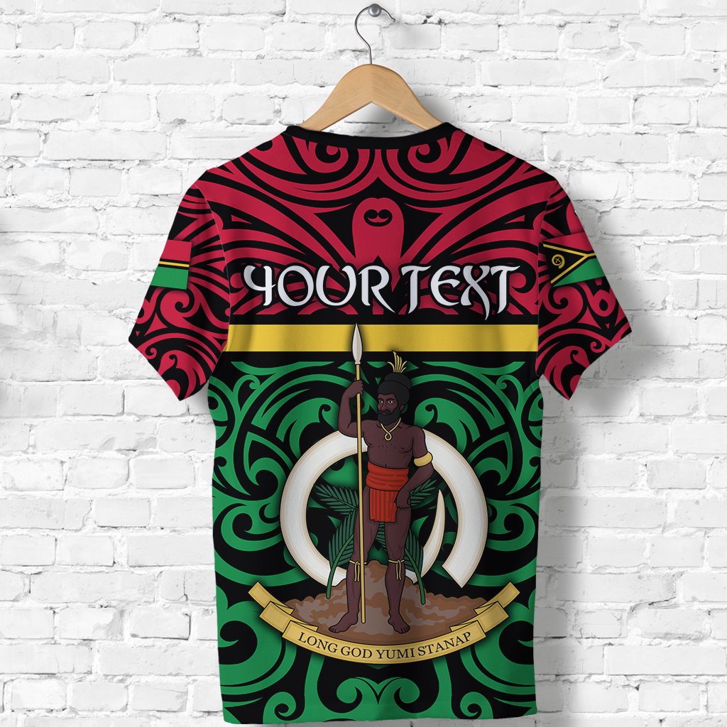 Green Vanuatu T-shirt back with YOUR TEXT and spear warrior