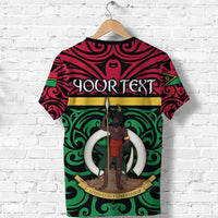 Green Vanuatu T-shirt back with YOUR TEXT and spear warrior