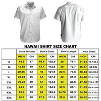 White short-sleeve Hawaiian shirt with button front, back view, and size chart