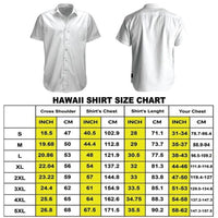 White short-sleeve button-up shirt with HAWAII SHIRT SIZE CHART