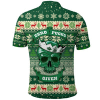 Green Christmas polo back with skull graphic, reindeer and snowflakes, 'ZERO' and 'GIVEN'