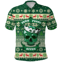 Green Christmas polo with skull print, reindeer and snowflake pattern, 'ZERO' and 'GIVEN'