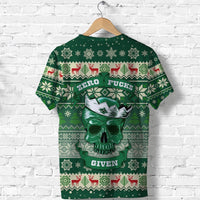 Green Christmas skull T-shirt with reindeer and snowflake pattern, 'GIVEN' bottom text