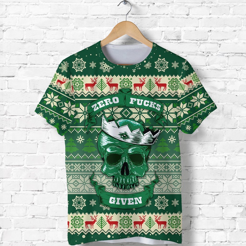 Green Christmas skull T-shirt, snowflake reindeer print, 'ZERO FUCKS' top text