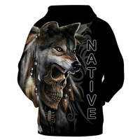 Wolf and skull all-over graphic hoodie, front view with bold vertical lettering