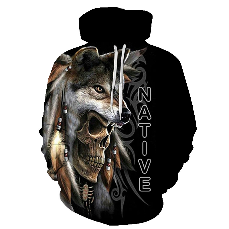 Wolf and skull all-over graphic pullover hoodie, hooded with vertical lettering