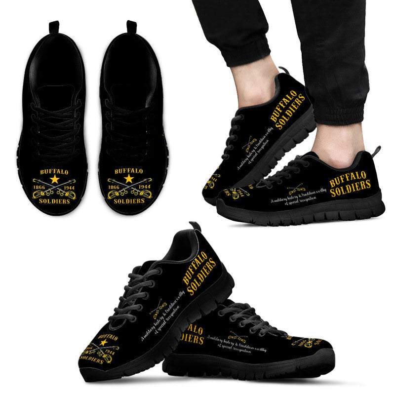 Black Buffalo Soldiers sneakers with lace-up front and gold text side detail, black sole
