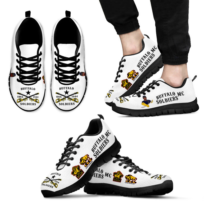 White Buffalo Soldiers sneakers with black sole, lace-up, club logo on sides