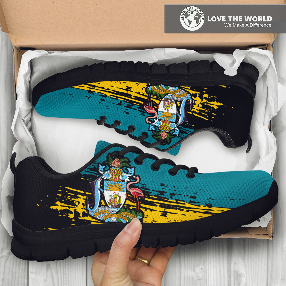 Bahamas special sneakers in box, teal upper with black sole and side graphic close-up