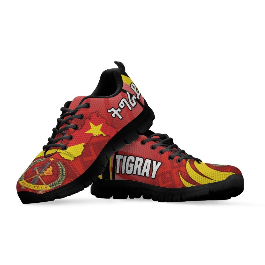 Tigray patterned sneakers, red/yellow stars and coat-of-arms graphic, black sole