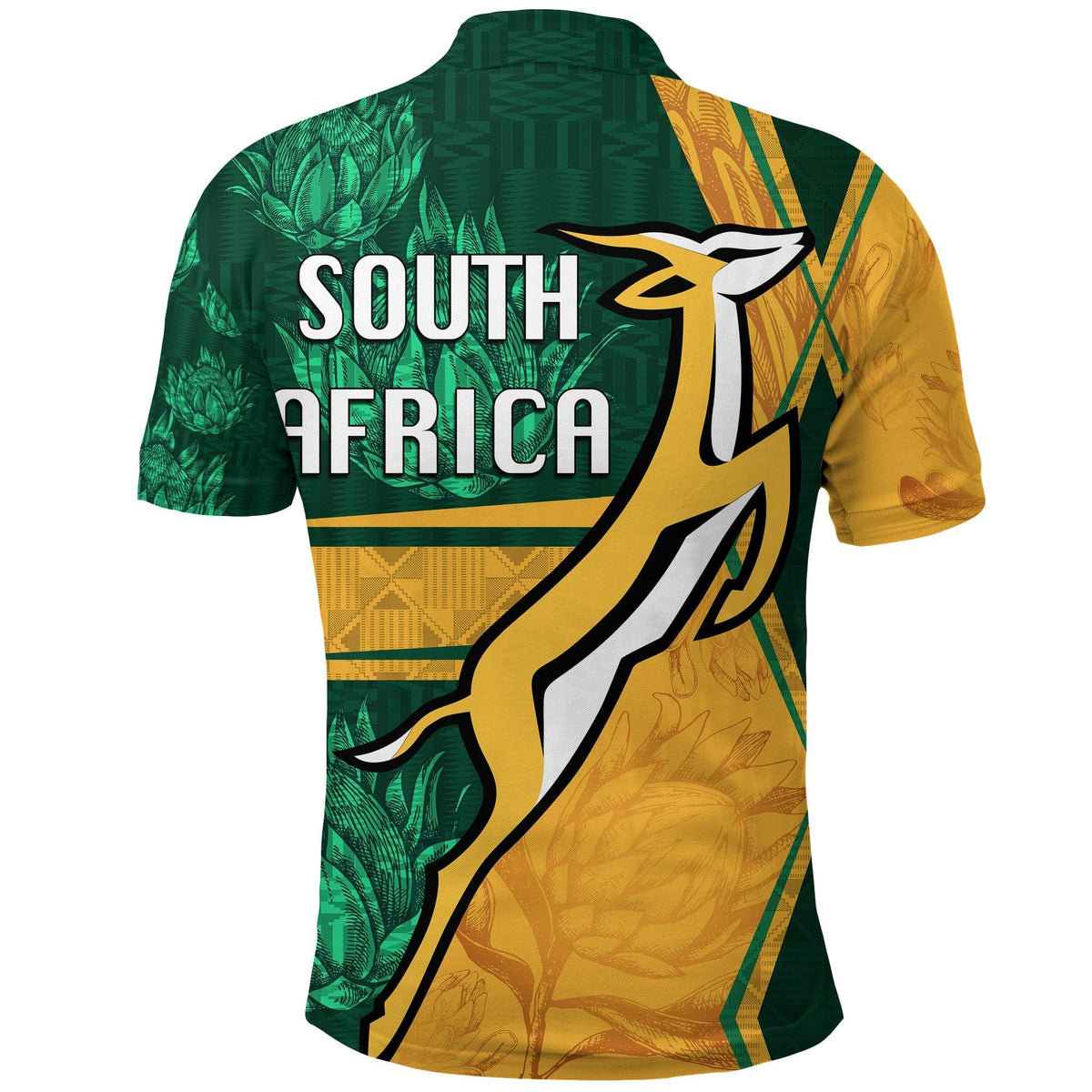 Rugby polo shirt back view, green/yellow tropical pattern with large 'SOUTH AFRICA' print