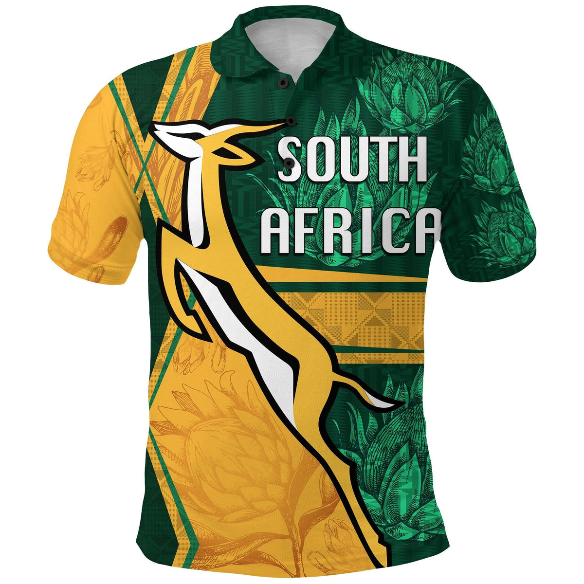 Rugby polo shirt in green/yellow with 'SOUTH AFRICA' print and button collar