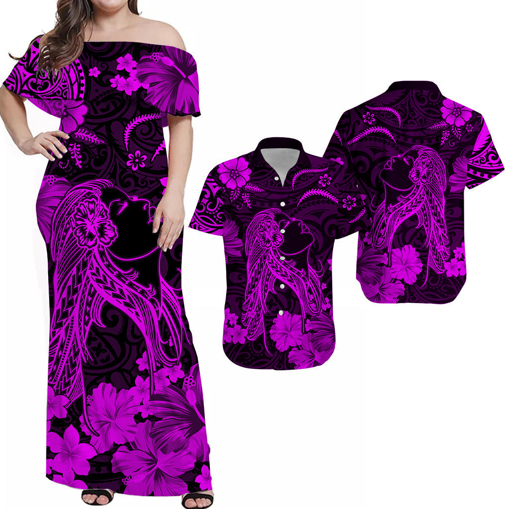 Off-shoulder maxi dress with purple-and-black floral tribal print, short sleeves