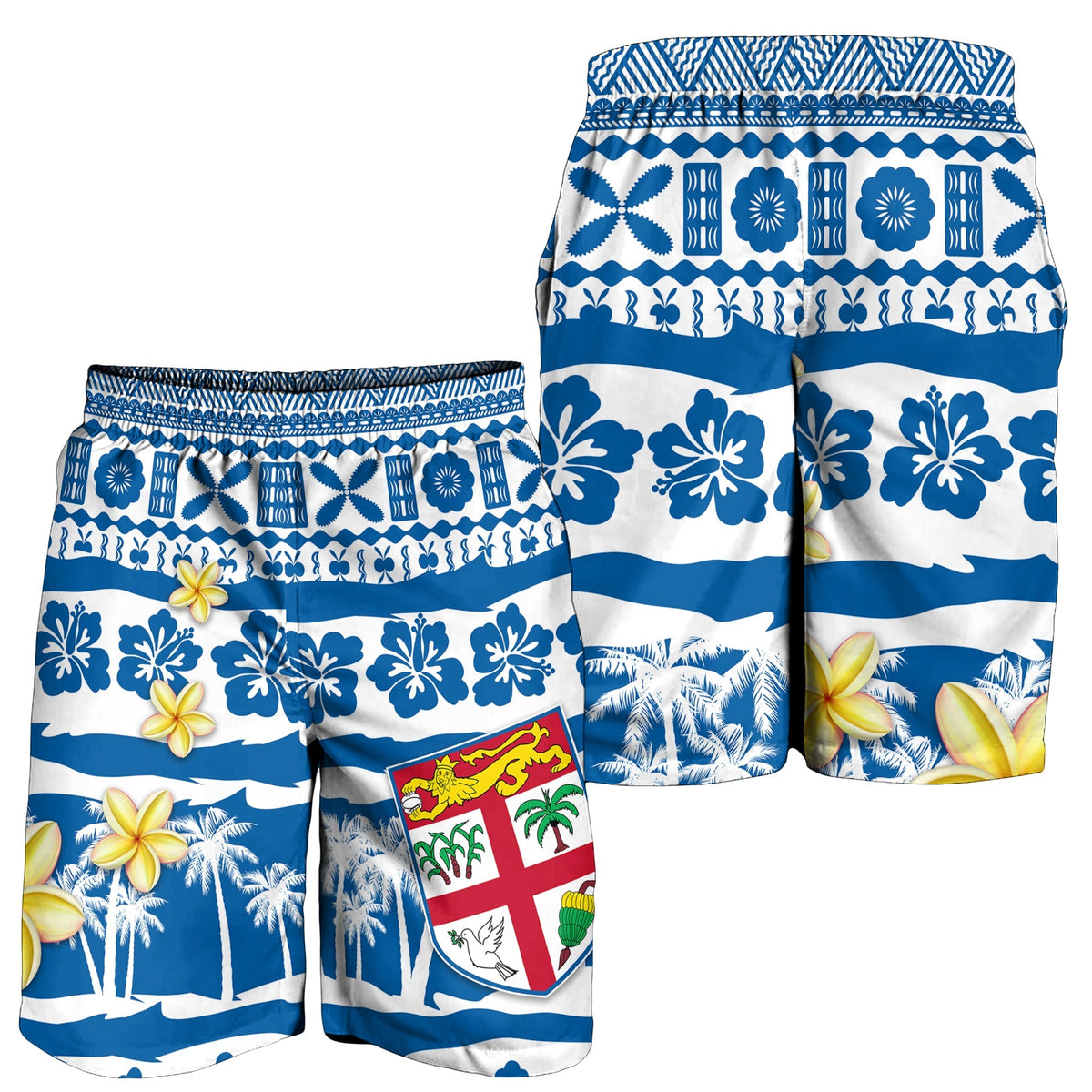 Set of folded men's blue tapa shorts showing floral stripes, palm scene, and crest