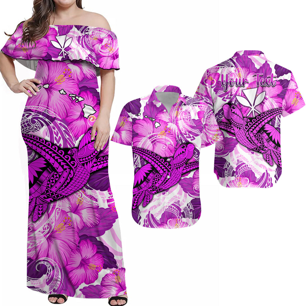 Pink off-shoulder maxi dress with turtle, hibiscus and Polynesian patterns; custom text