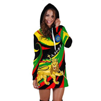 Multicolor graphic hoodie dress with lion print, drawstring hood, long sleeves