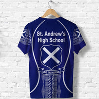 Blue St. Andrew’s High School T-shirt back print with crest and “LOVE, TRUTH&PEACE”