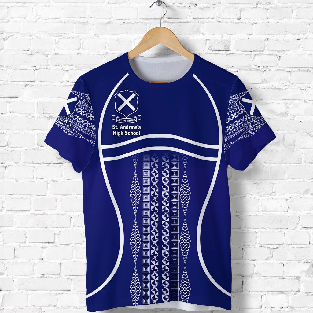 Blue St. Andrew’s High School T-shirt with large center crest and patterned panel