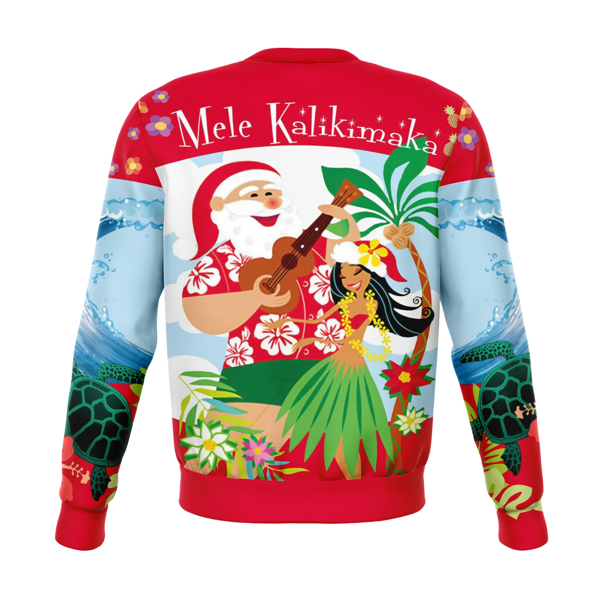 Red Hawaii Christmas sweatshirt back with Mele Kalikimaka Santa, guitar and tropical leaves