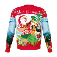 Red Hawaii Christmas sweatshirt back with Mele Kalikimaka Santa, guitar and tropical leaves
