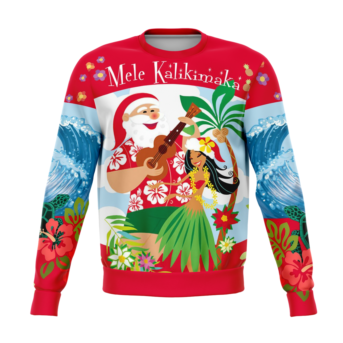 Red unisex Hawaii Christmas sweatshirt with Mele Kalikimaka Santa and surf waves print