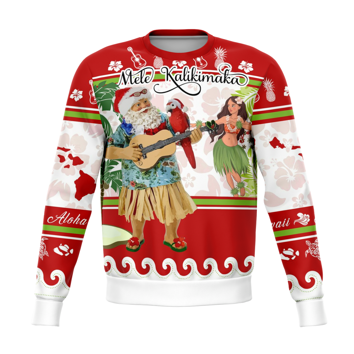Red unisex sweatshirt with Santa playing guitar, Mele Kalikimaka, hula girl print