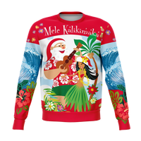 Red unisex Hawaii Christmas sweatshirt with Mele Kalikimaka Santa and surf waves print