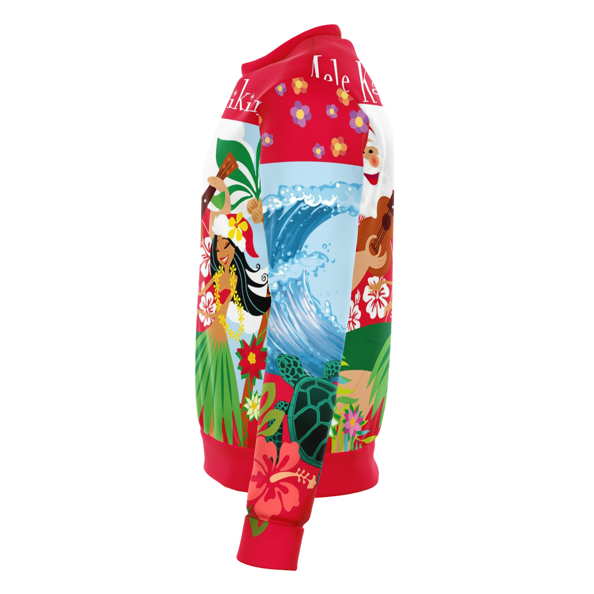 Red Hawaii Christmas sweatshirt side with Mele Kalikimaka Santa, palm leaves and waves