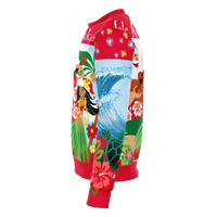 Red Hawaii Christmas sweatshirt side with Mele Kalikimaka Santa, palm leaves and waves