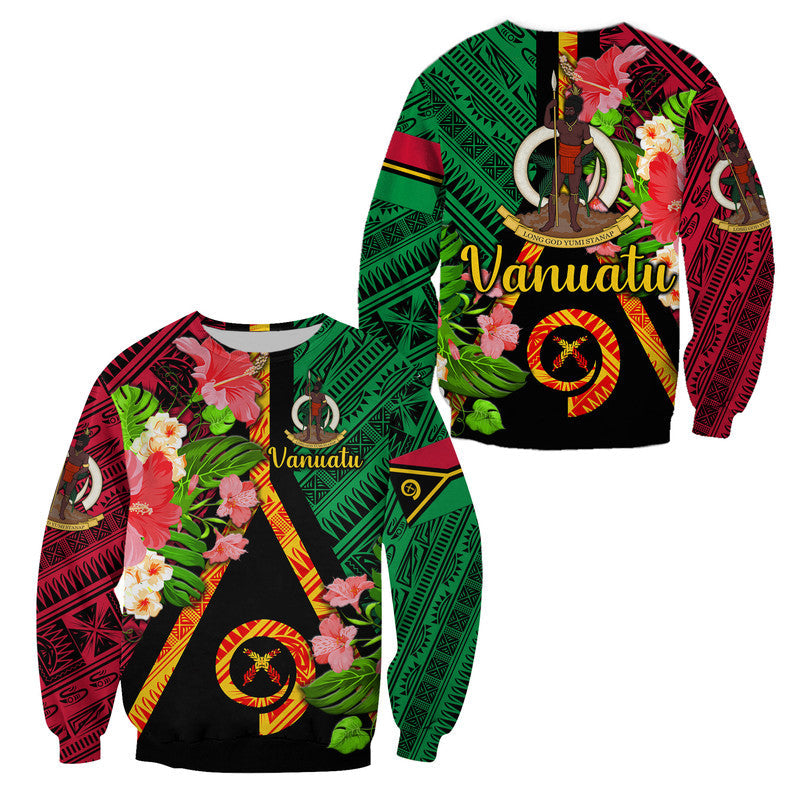 Vanuatu sweatshirt with floral leaves, flag colors, and “Vanuatu” text, unisex