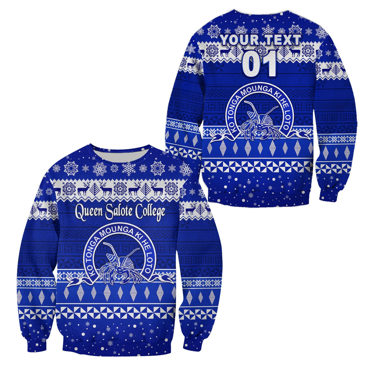 Blue unisex Christmas sweatshirt with festive pattern and 'Queen Salote College' print