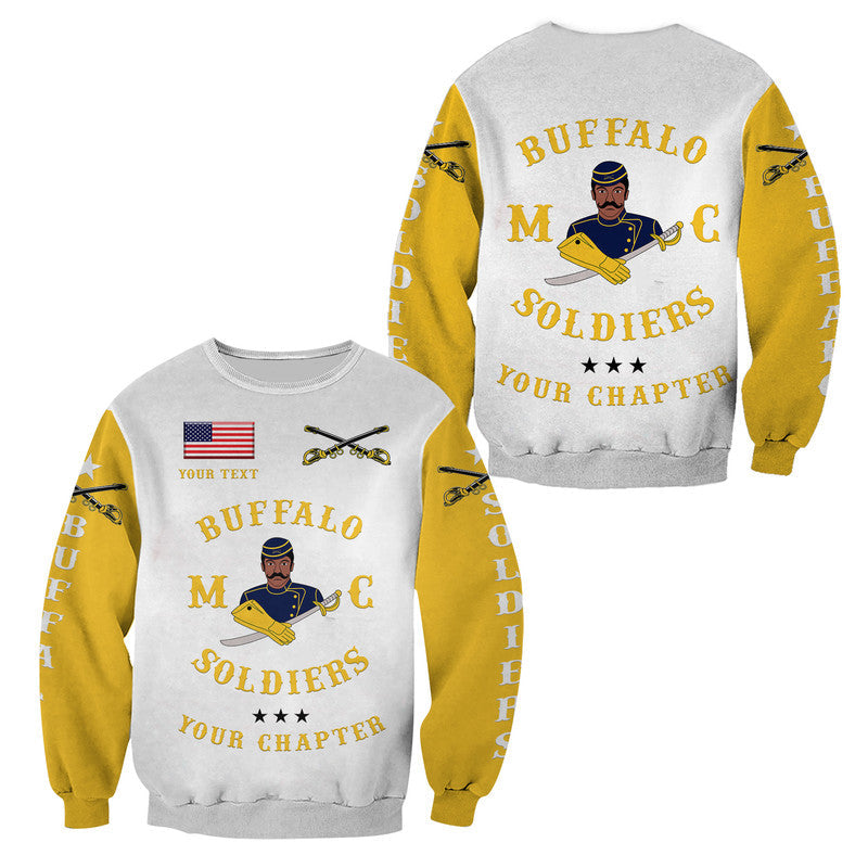 White sweatshirt, gold Buffalo Soldiers MC graphic and text, front and back